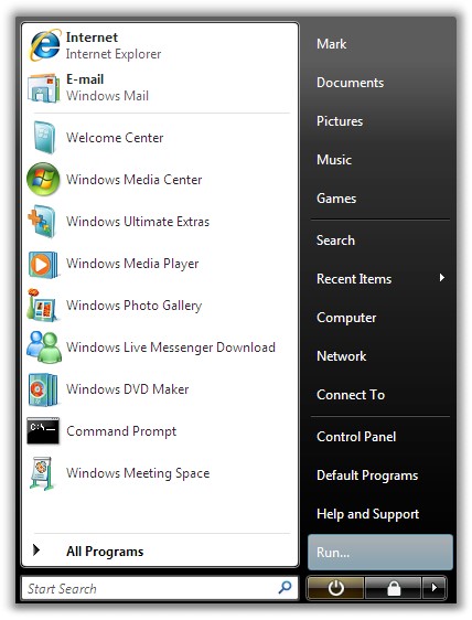 Microsoft Windows Vista Run Command And Quick Search Or Start Search