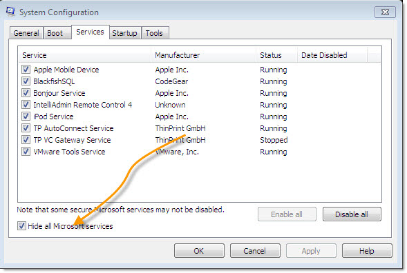 Windows 2008 Clean Boot Hide Microsoft