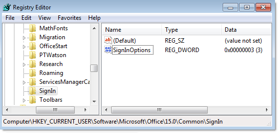 Sign in options registry setting