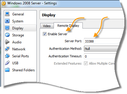 Virtual Box RDP Settings