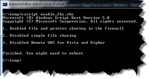 File and printer sharing script output